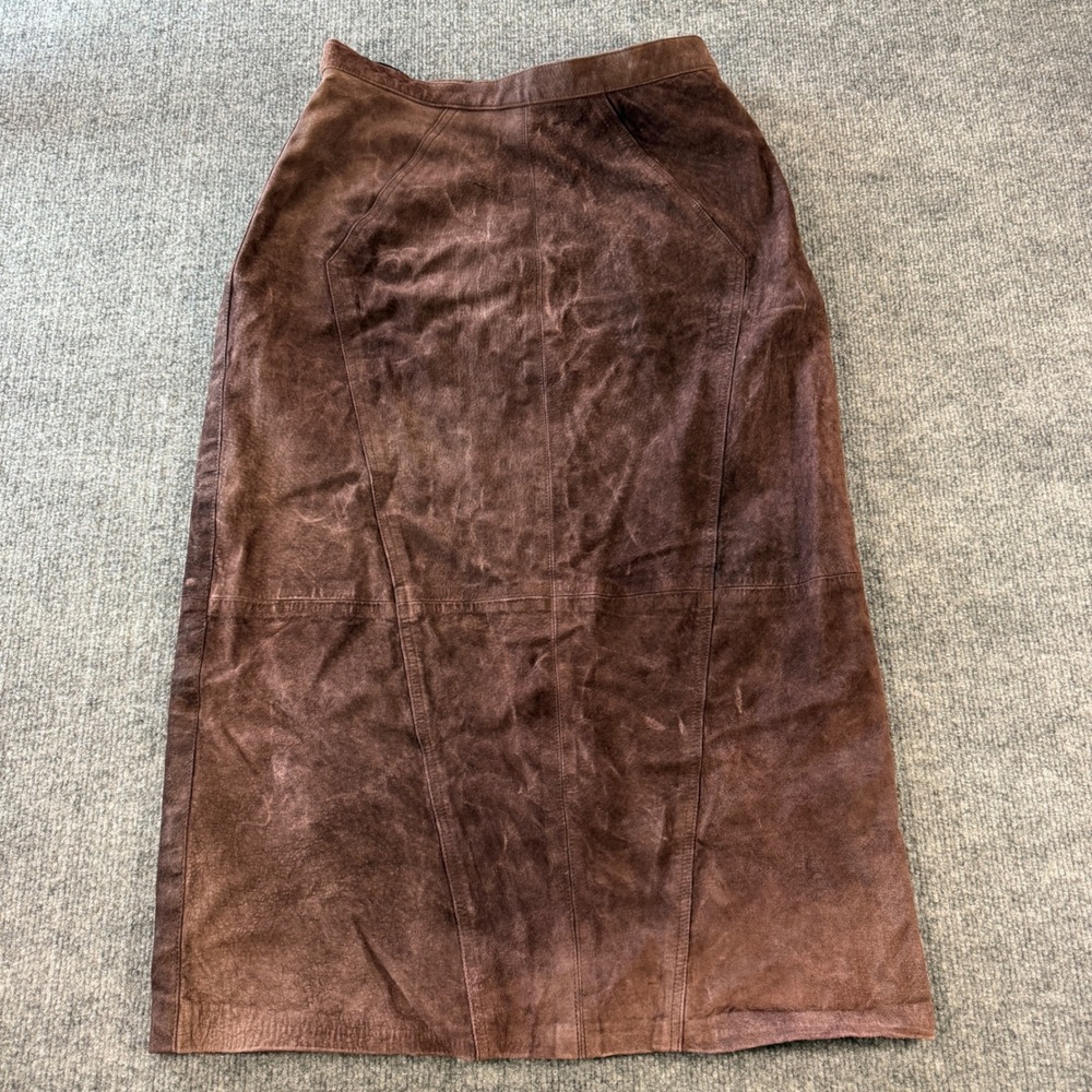 Vintage 90s Bagatelle Brown Suede Leather Midi Skirt Size 12